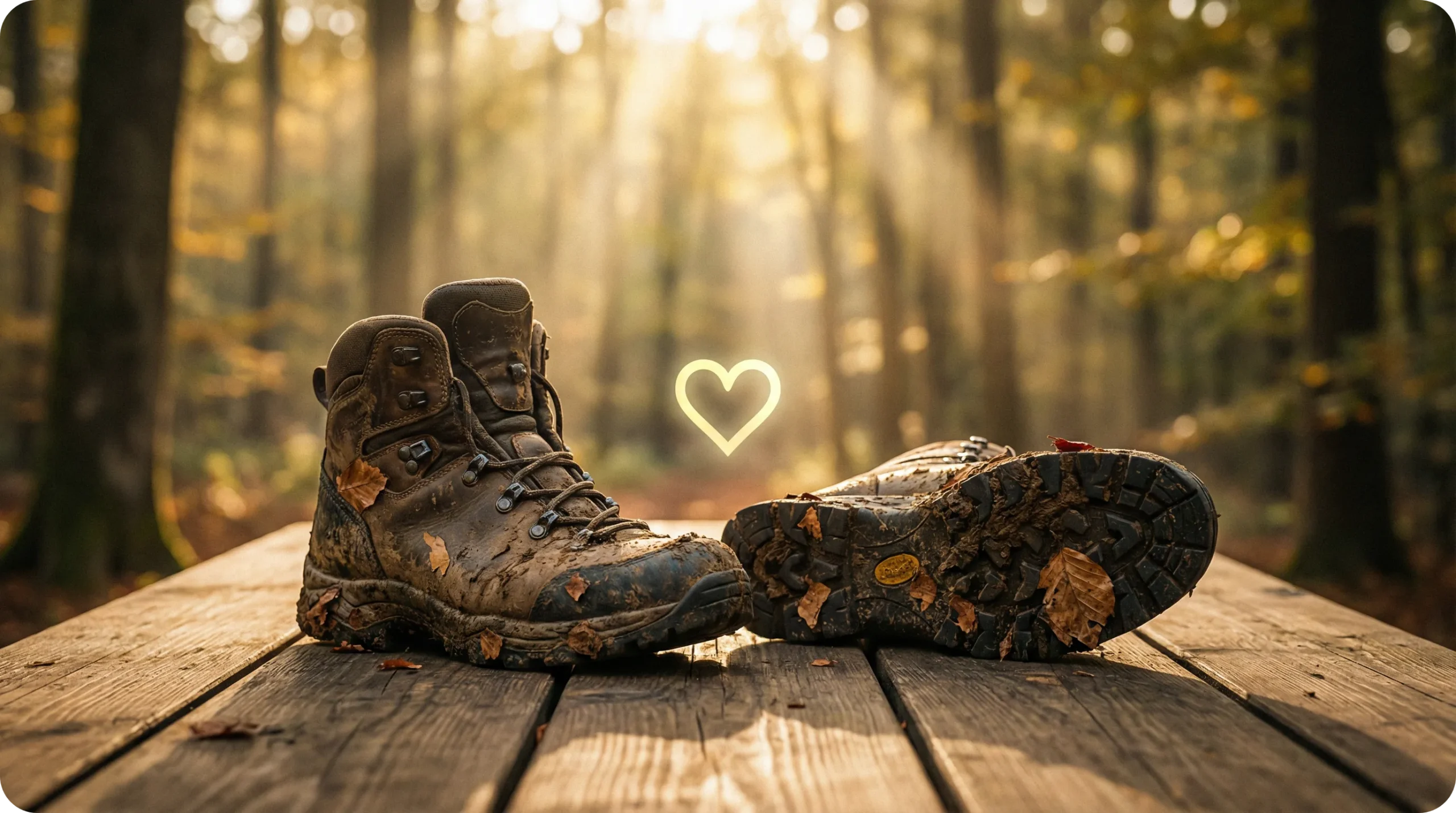 Paire de chaussures de marche de randonnée sur une table en bois rustique en forêt ardennaise, symbolisant les bienfaits de marcher après manger pour le cœur.