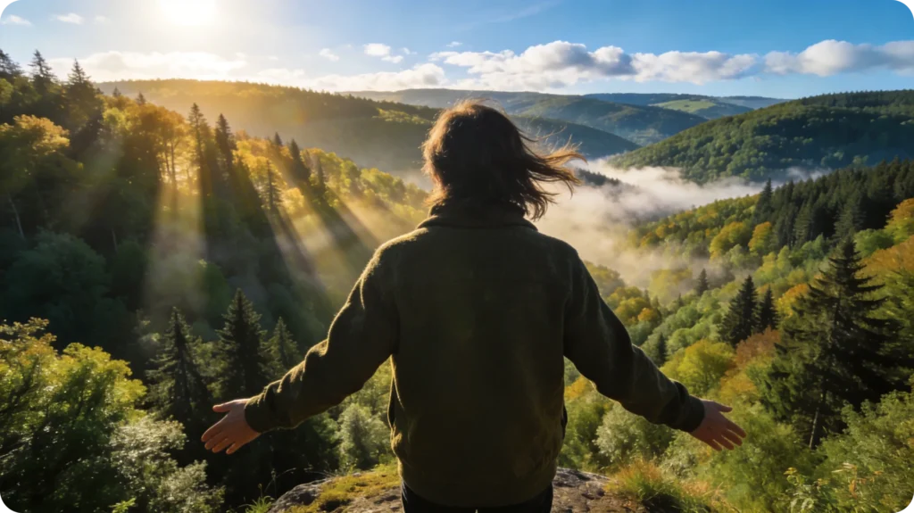 Randonneur admirant une vallée boisée en Ardenne pour illustrer le renforcement immunitaire.