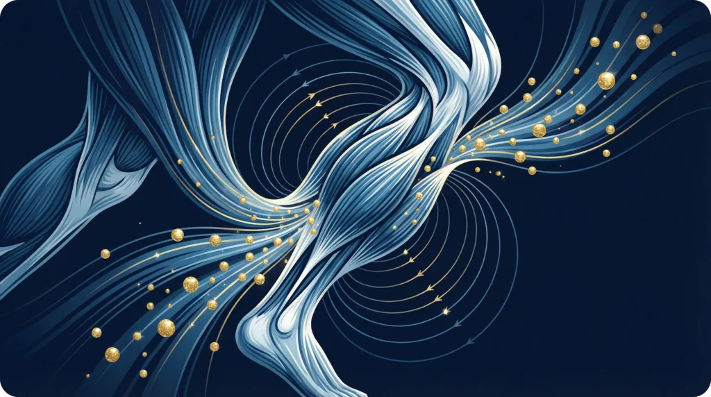 Illustration conceptuelle de fibres musculaires absorbant des molécules de glucose (sucre) pendant l'effort physique pour réguler la glycémie postprandiale.