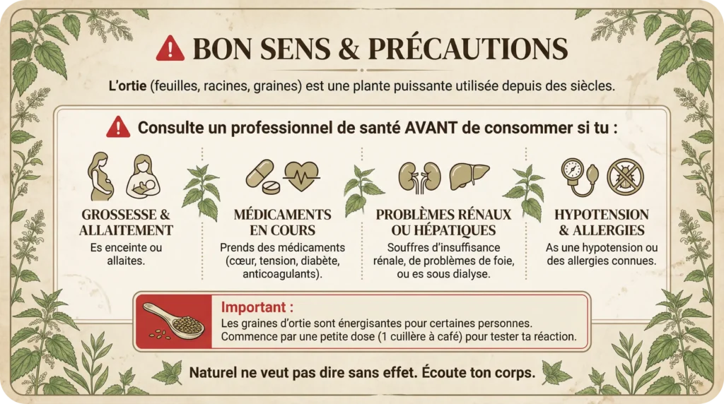 Infographie beige avec illustrations botaniques d'ortie montrant les précautions d'usage : femmes enceintes/allaitantes, personnes sous médicaments, problèmes rénaux ou hépatiques, hypotension et allergies. Encadré rouge rappelant que les graines d'ortie sont énergisantes et qu'il faut commencer par une petite dose.