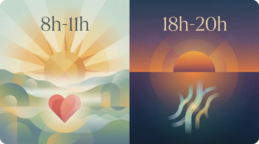 Illustration comparative montrant le soleil du matin pour la santé cardiaque et le coucher du soleil pour la souplesse des artères.