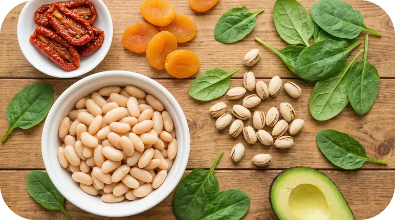 Sélection d'aliments sains riches en potassium disposés sur une table en bois : haricots blancs, tomates séchées, abricots secs, pistaches, épinards et avocat.