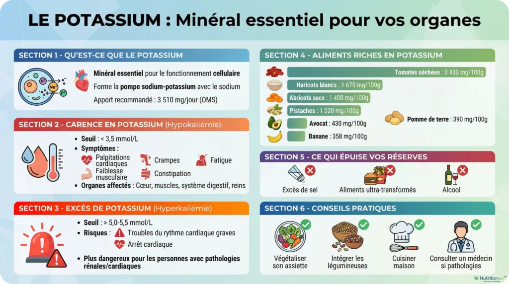 Infographie complète sur le potassium détaillant la pompe sodium-potassium, les symptômes de carence (hypokaliémie), les risques d'excès (hyperkaliémie) et les sources alimentaires.