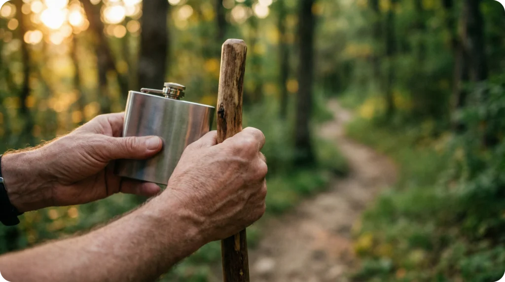 Gros plan sur les mains d'un marcheur tenant un bâton en bois sur un sentier en Ardenne.