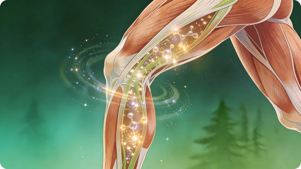 Schéma artistique montrant des fibres musculaires de la jambe absorbant des molécules de glucose pendant la marche.