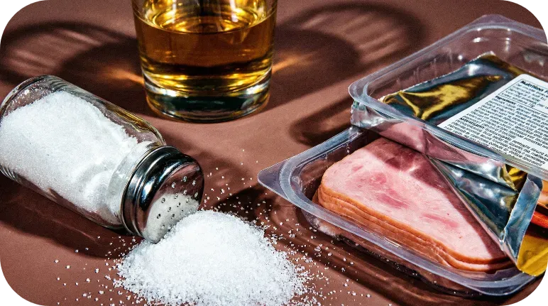 Gros plan sur une salière renversée, de la charcuterie industrielle et un verre d'alcool, représentant les facteurs qui épuisent le potassium dans le corps.