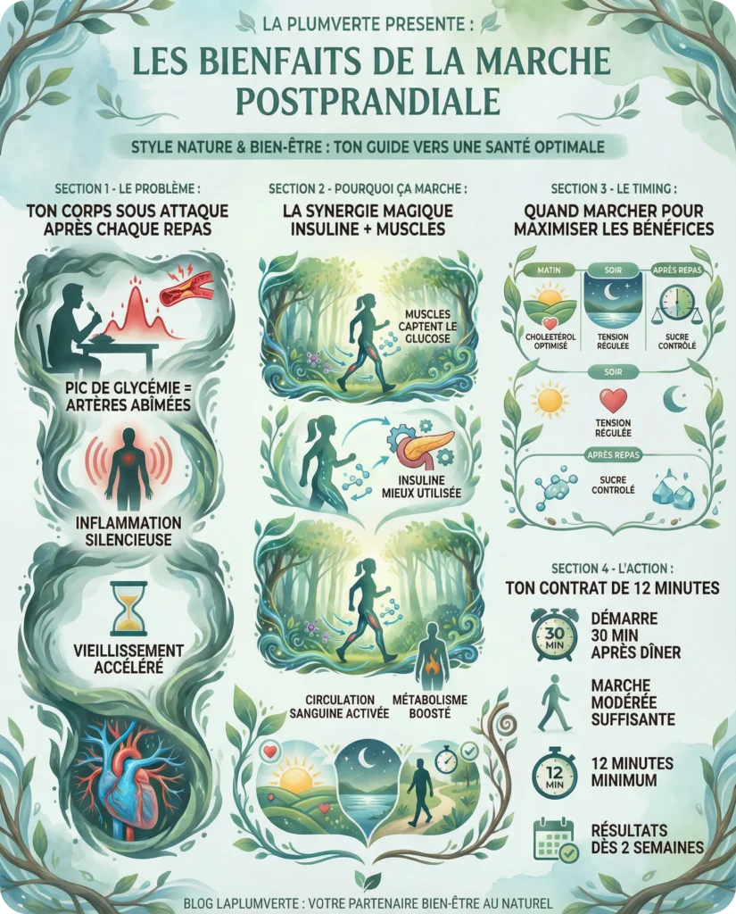 Infographie complète résumant les bienfaits de la marche postprandiale : synergie insuline-muscles, timings optimaux selon le profil et contrat de 12 minutes.