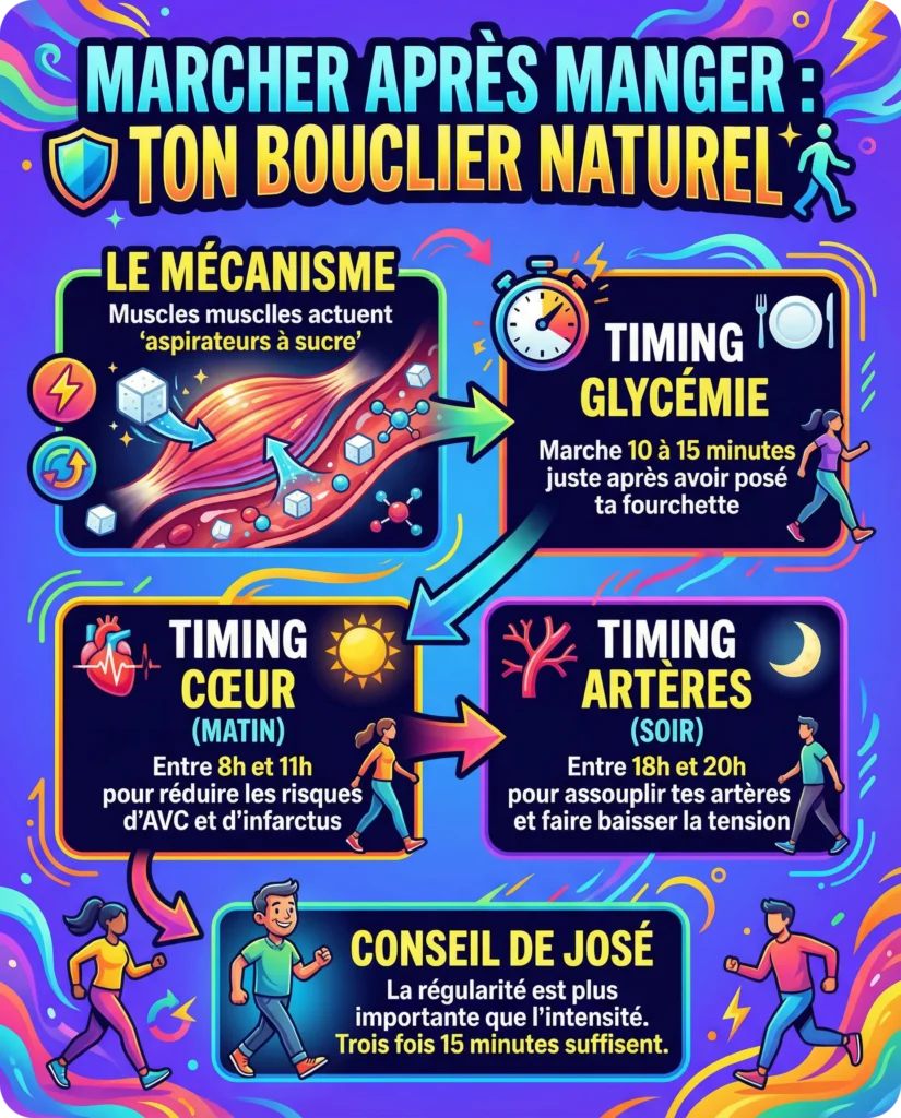 Infographie récapitulative des bienfaits de la marche postprandiale sur la glycémie, la tension et le rythme circadien.