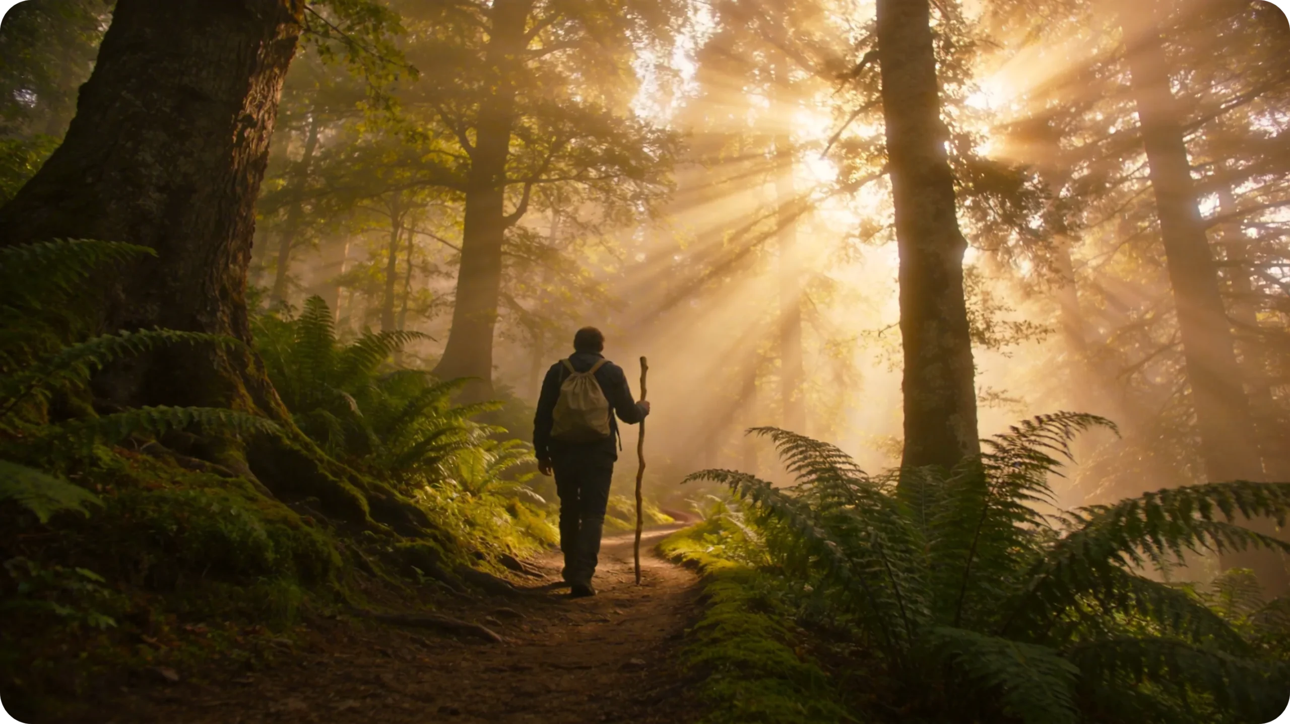 Marcheur avec bâton en bois sur un sentier forestier lumineux en Ardenne.