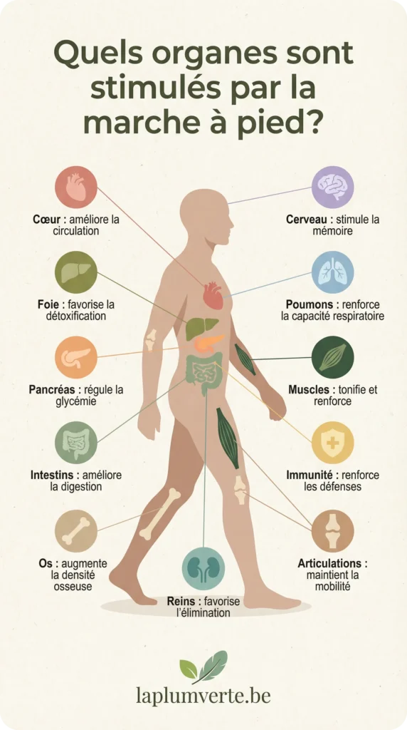Infographie récapitulative des organes stimulés par la marche à pied par laplumverte.