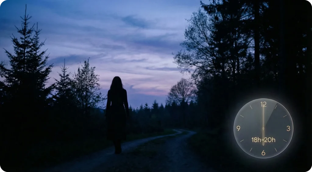 Silhouette d'une femme marchant en forêt à la tombée de la nuit (heure bleue) avec une icône d'horloge indiquant la fenêtre 18h-20h pour réguler la tension.