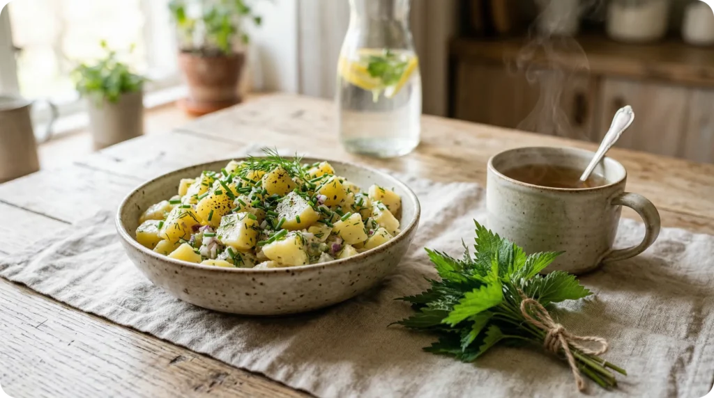 Salade de pommes de terre froides à la ciboulette et bouquet d'orties fraîches avec une infusion sur une table rustique.