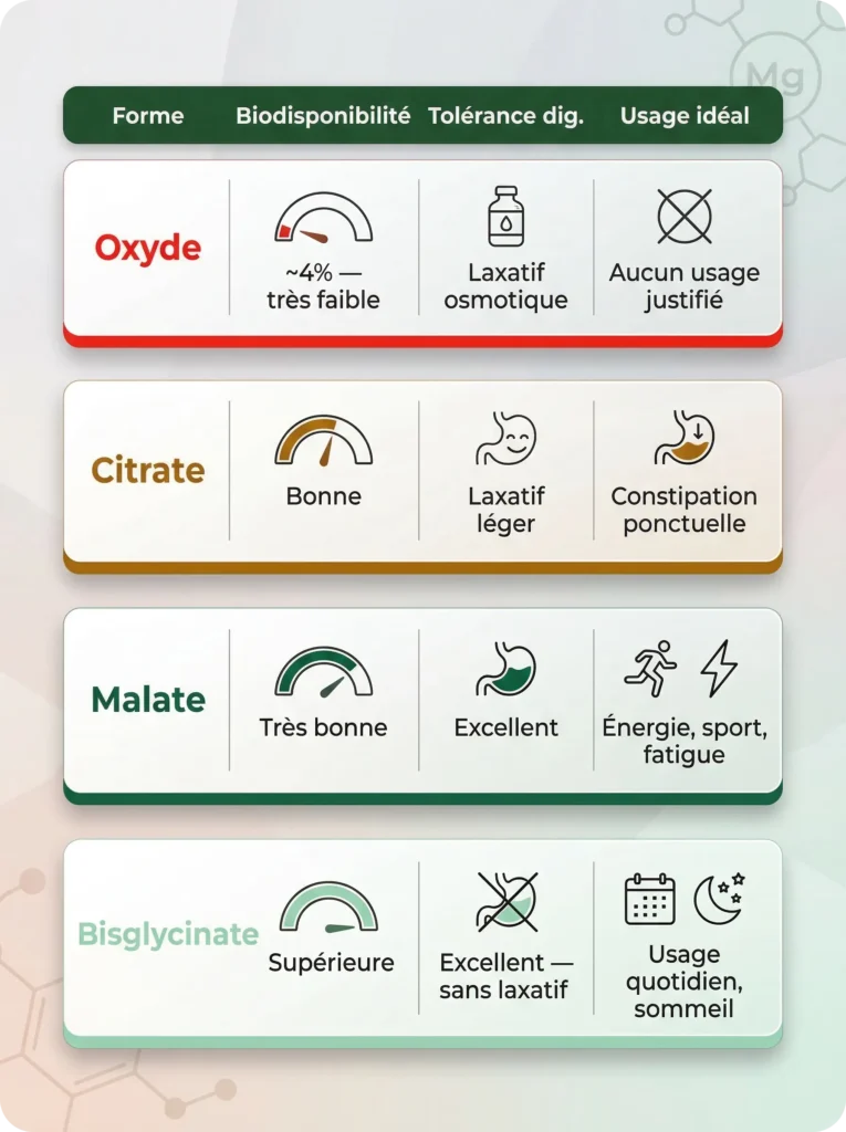 Infographie comparative de 4 formes de magnésium (Oxyde, Citrate, Malate, Bisglycinate) classées par biodisponibilité, tolérance digestive et usage idéal. Le Bisglycinate et le Malate sont présentés comme les formes supérieures pour l'énergie et le sommeil.
