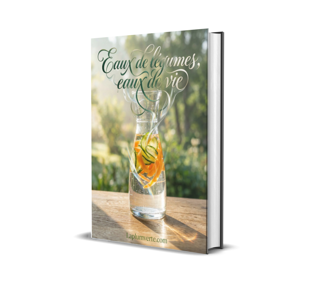 Couverture de l'ebook "Eaux de légumes, eaux de vie" de José, montrant des illustrations délicates de plantes médicinales sur un fond vert pastel apaisant.