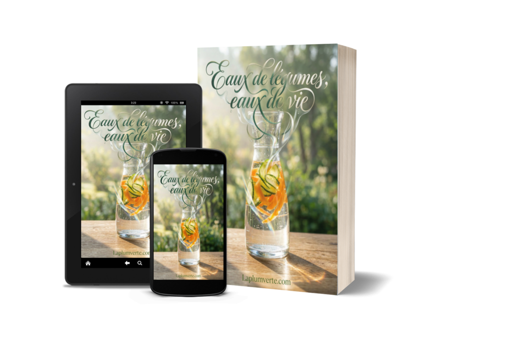 Image mockup qui montre un ensemble, ebook, smartphone et tablette qui peuvent être les supports pour lire le livre numérique ''eaux de légumes, eaux de vie''. sous