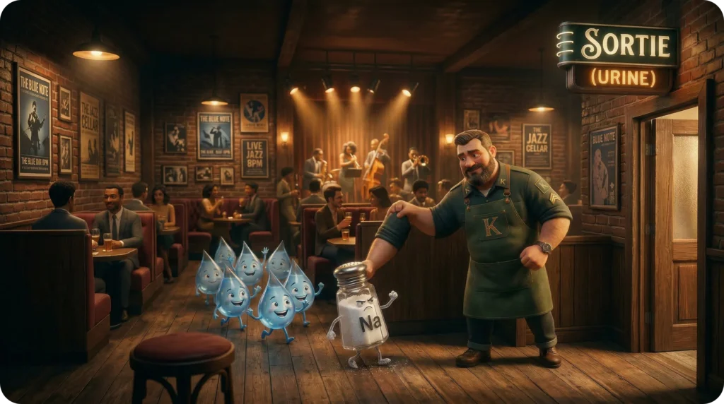 Illustration pédagogique montrant un videur (Potassium) expulsant une salière (Sodium) d'un club vers une sortie marquée "Urine".