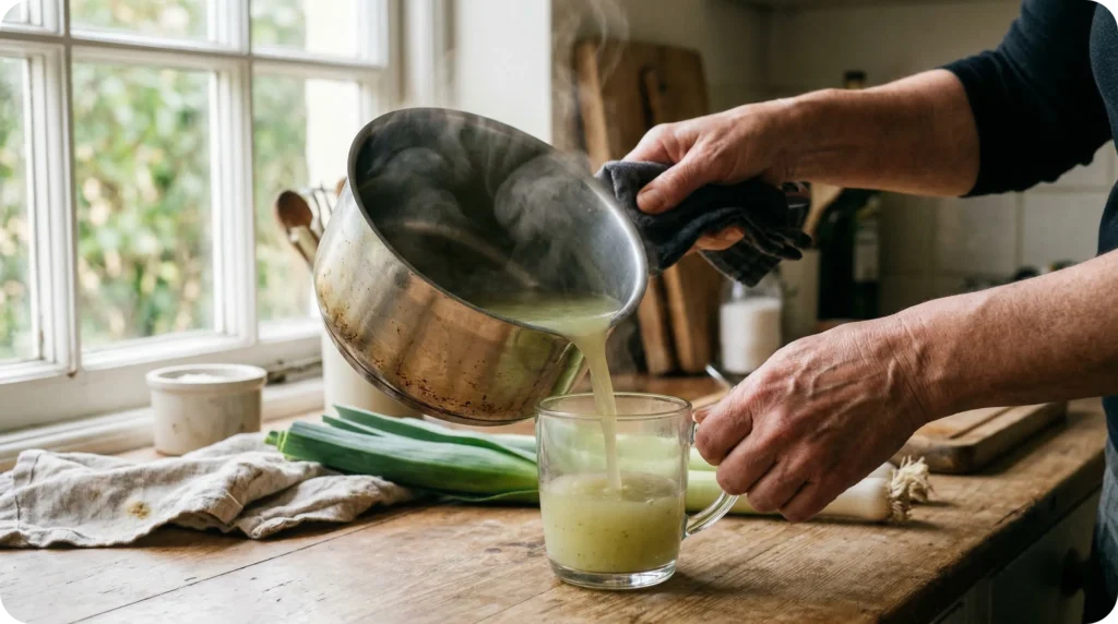 Mains versant de l'eau de cuisson de poireau trouble et fumante dans un mug en verre dans une cuisine authentique.