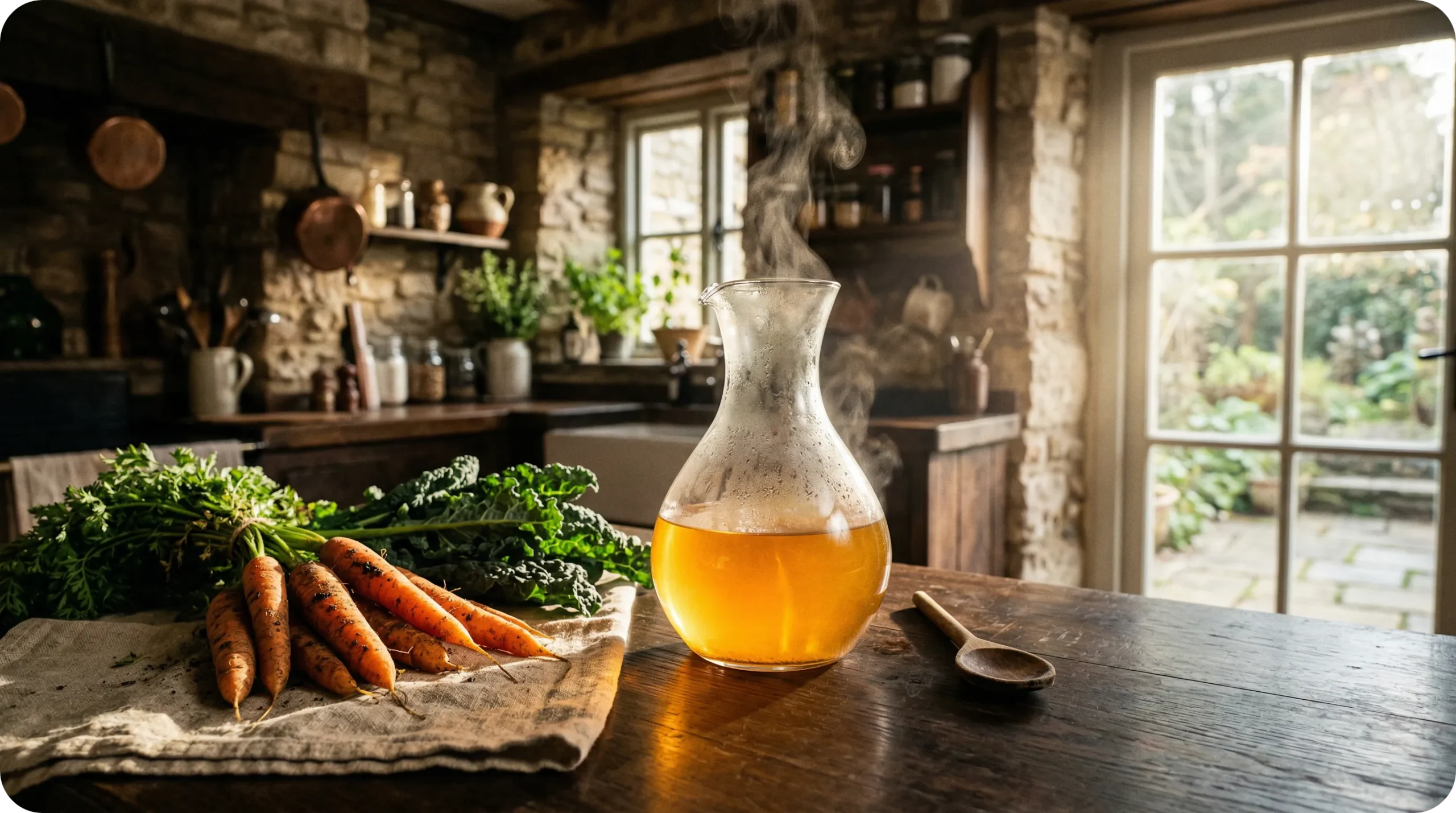 Carafe en verre fumante contenant de l'eau de cuisson de légumes bio dorée sur une table en bois rustique avec des carottes fraîches.