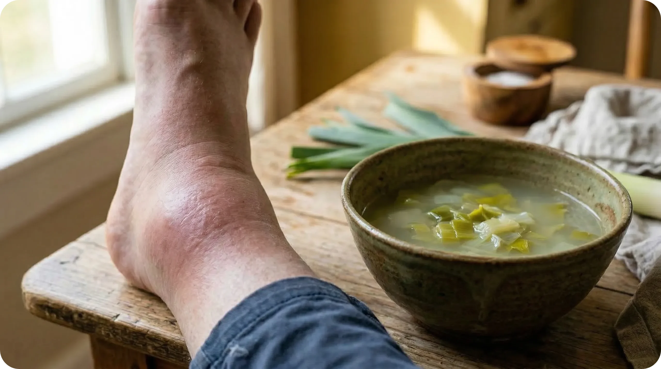 Comparaison entre une cheville gonflée par la rétention d'eau et un bol de bouillon de poireau thérapeutique sur une table en bois rustique.