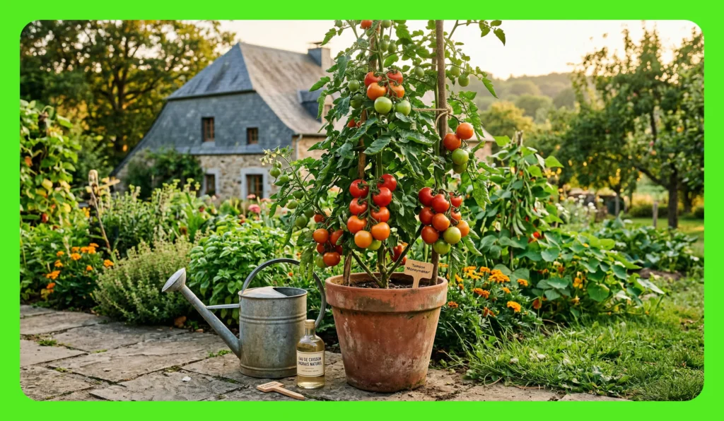 Plant de tomates vigoureux en pot dans un jardin ardennais, avec un arrosoir et une bouteille d'eau de cuisson recyclée.