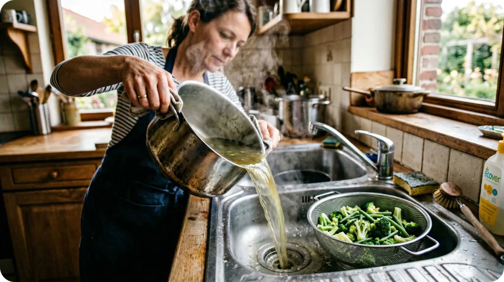 Mains d'une femme versant de l'eau de cuisson de légumes fumante et colorée dans le drain d'un évier de cuisine en acier inoxydable.