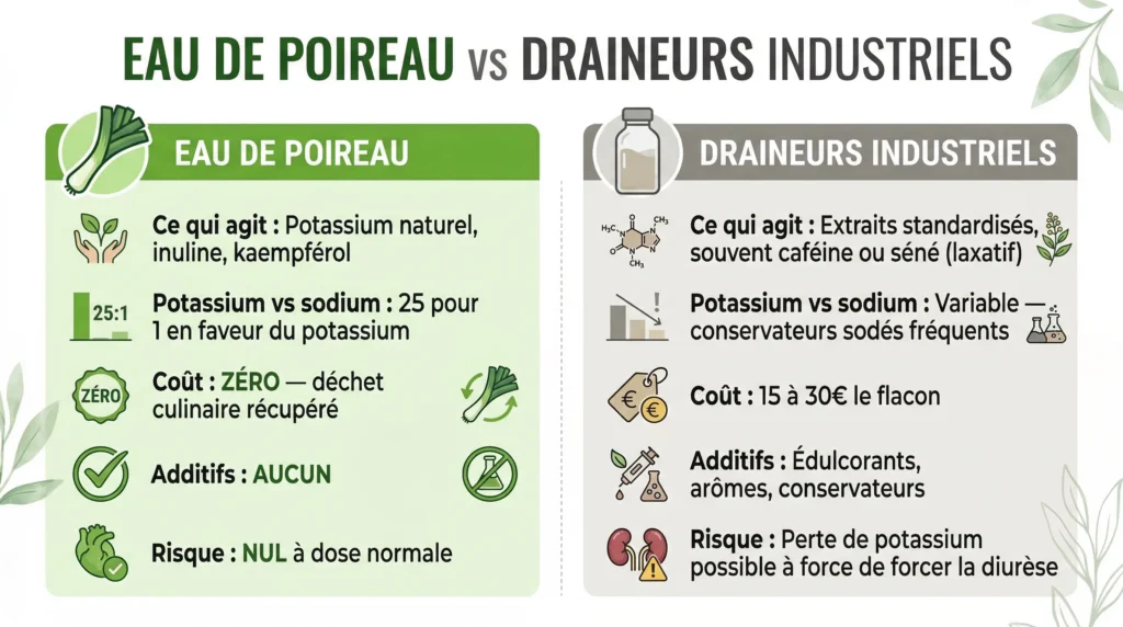 Tableau récapitulatif reprenant les avantages d'utiliser l'eau de poireau pour soigner la rétention d'eau contre les draineurs indsutriels.
