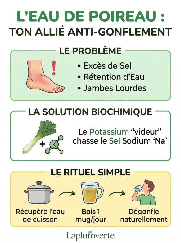 Infographie résumant le problème (jambes lourdes), la solution biochimique (potassium) et le rituel de l'eau de poireau.