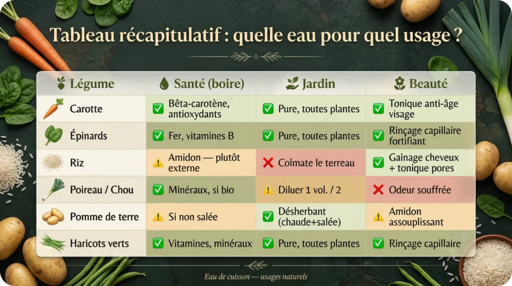 Tableau infographique résumant les usages de l'eau de cuisson pour la carotte, les épinards, le riz, le poireau, la pomme de terre et les haricots verts.