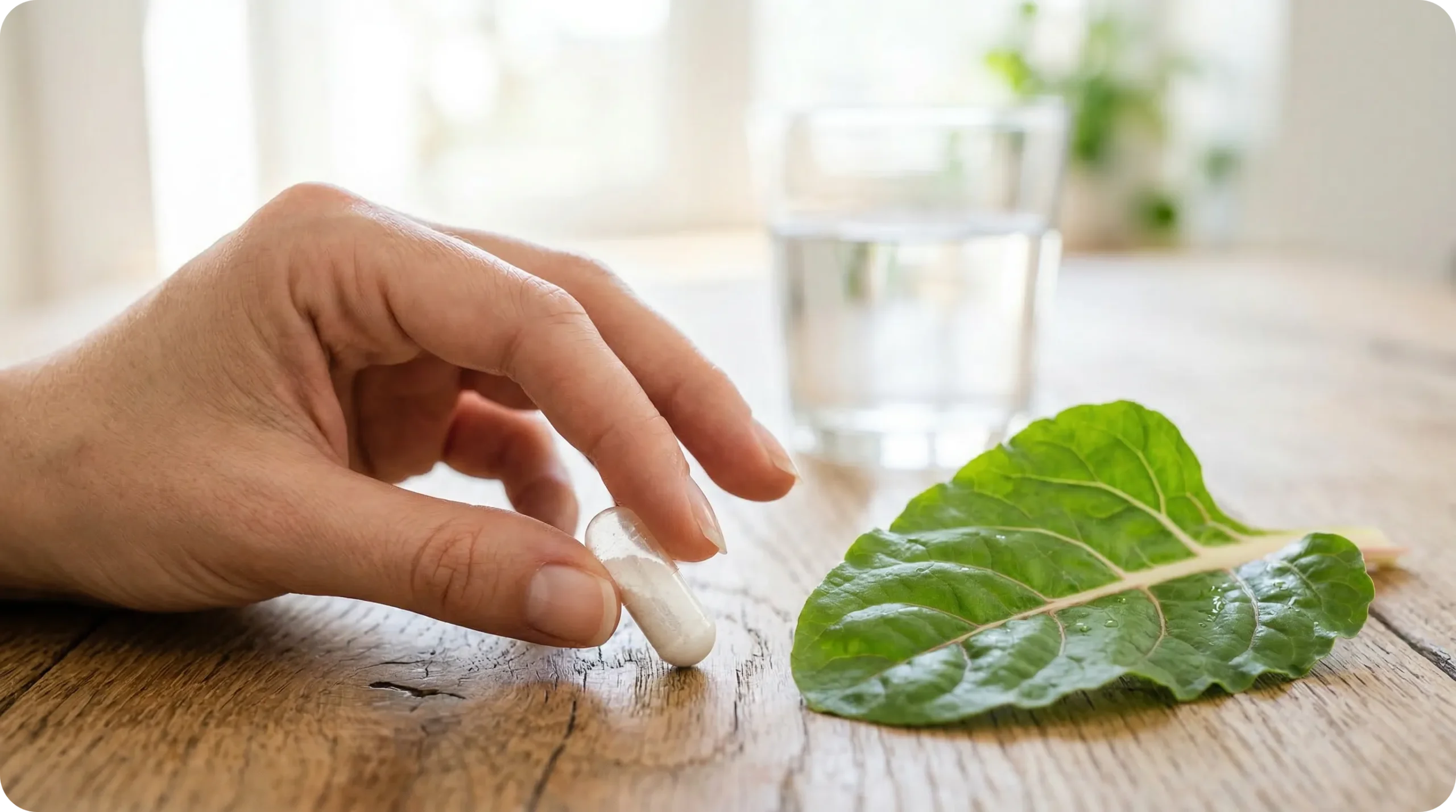 Main tenant une capsule de magnésium à côté d'une feuille de blette verte sur une table en bois, illustrant le choix entre compléments et alimentation naturelle