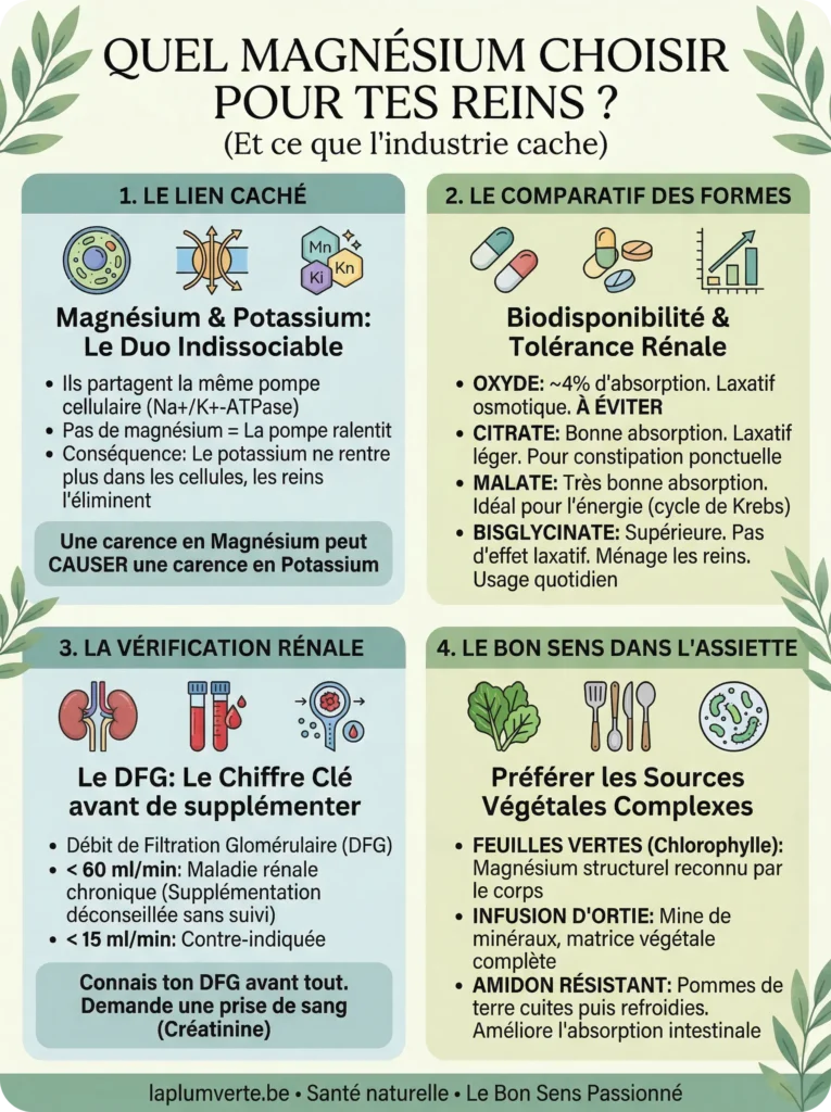 Infographie complète résumant les formes de magnésium, le lien avec le potassium, les seuils de filtration rénale DFG et les sources alimentaires.
