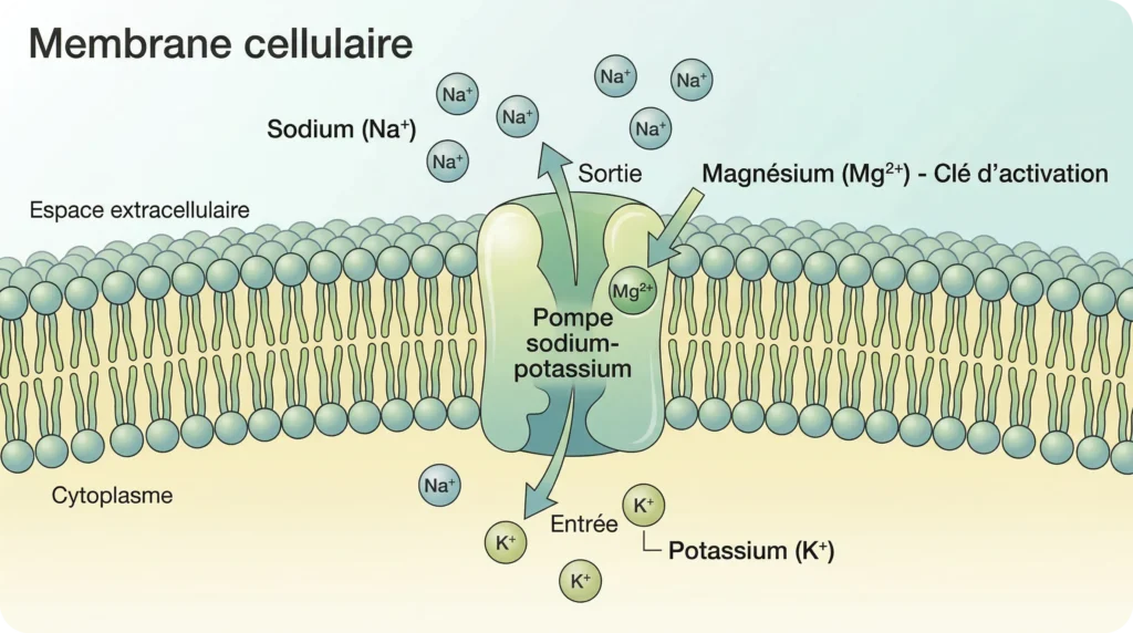 Schéma pédagogique de la membrane cellulaire montrant la pompe sodium-potassium activée par un ion magnésium.