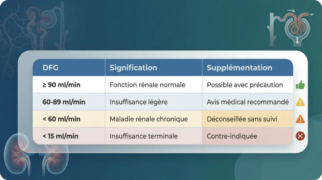 Infographie présentant les 4 stades de la fonction rénale selon le DFG (≥ 90, 60-89, < 60, < 15 ml/min) et les recommandations de supplémentation associées, allant de "possible avec précaution" à "contre-indiquée".