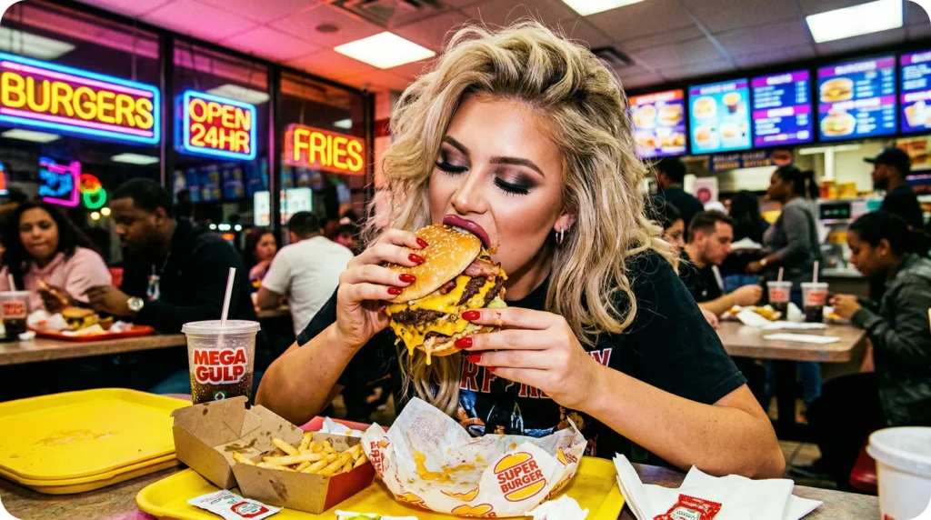 Femme avec un maquillage intense mangeant un burger industriel dans un fast-food aux néons brillants.
