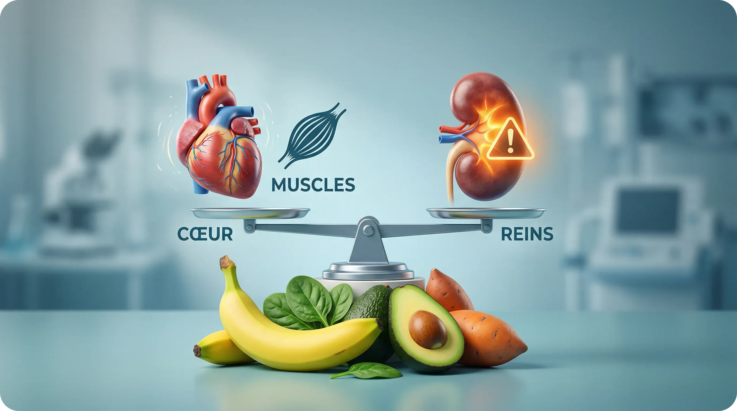 Illustration conceptuelle montrant l'équilibre du potassium entre le cœur, les muscles et les reins, entourée d'aliments sains comme la banane et l'avocat pour le blog laplumverte.