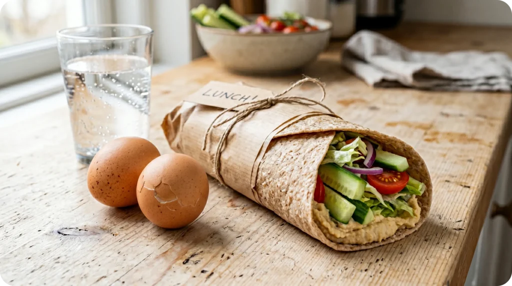 Goûter ado salé avec wrap au blé complet, houmous et œufs durs