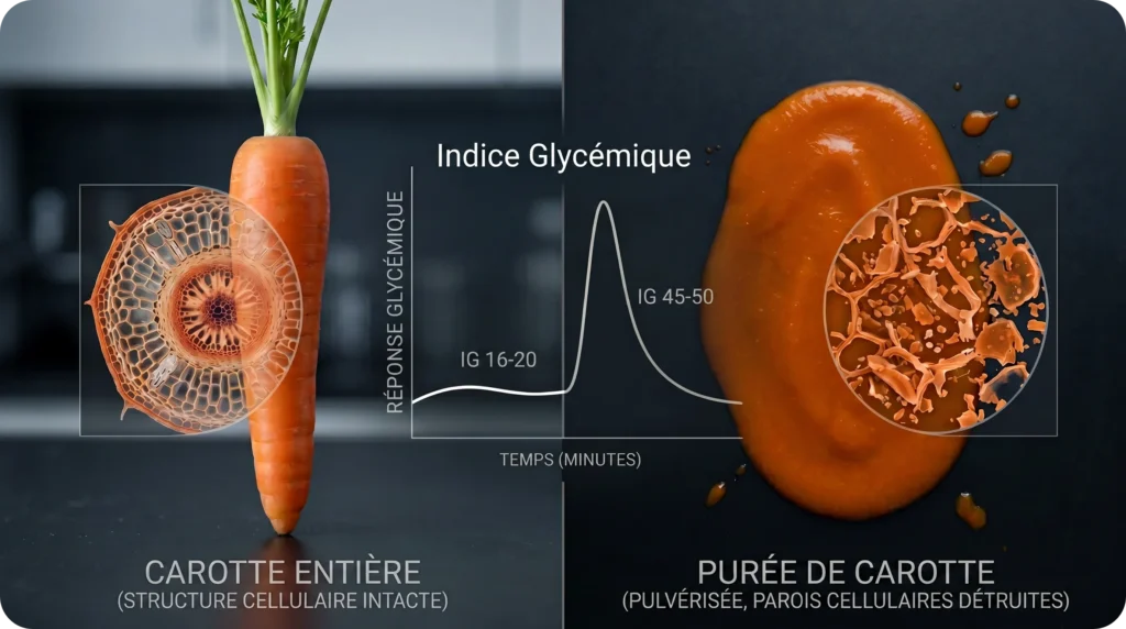 Graphique de glycémie comparant l'impact d'une carotte entière et d'une carotte mixée