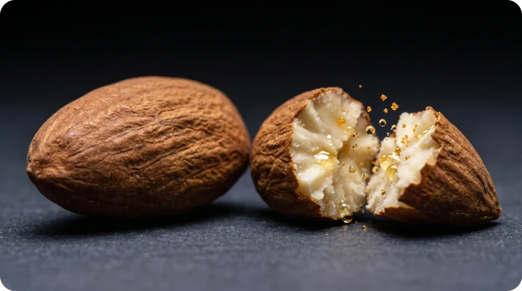 Détail d'une amande brisée par les dents libérant ses nutriments et sa vitamine E