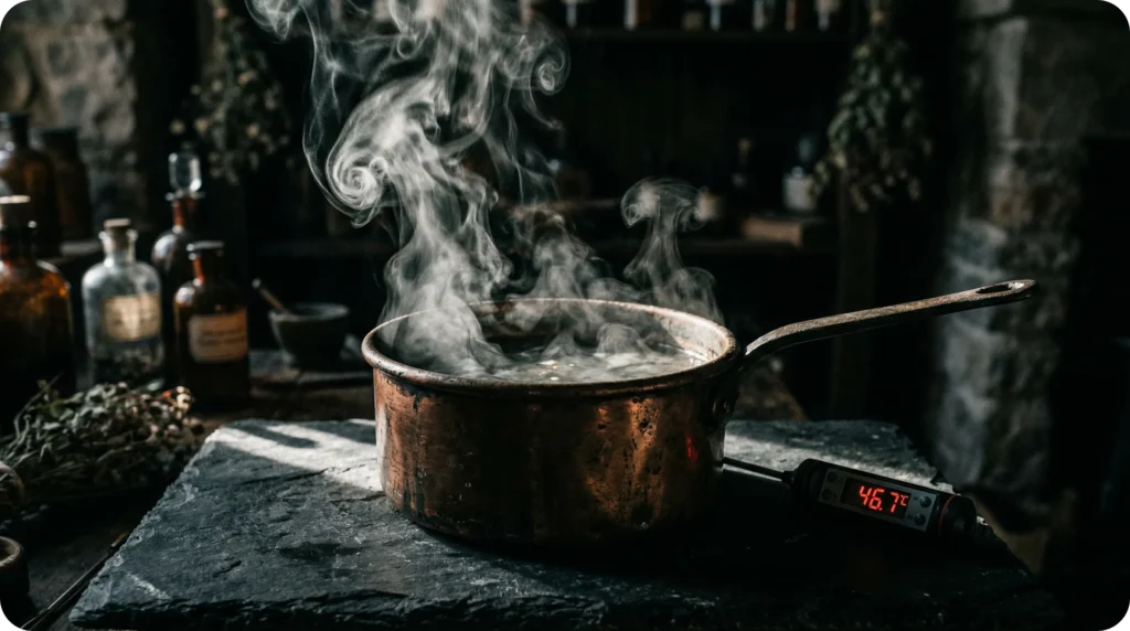 Casserole en cuivre fumante avec un thermomètre digital affichant 46,7°C, illustrant la zone de prolifération bactérienne.