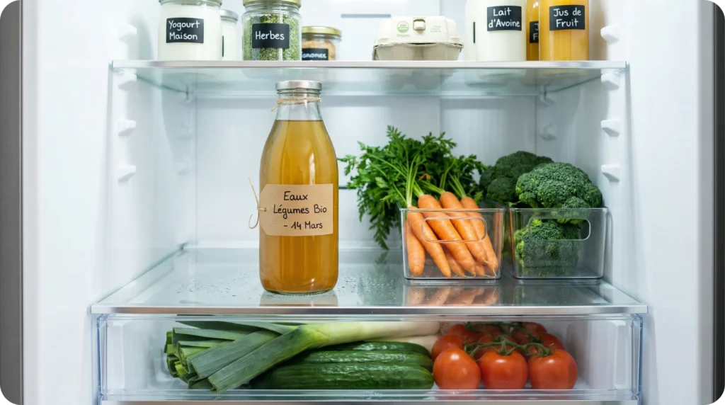 Bouteille en verre étiquetée "Eaux Légumes Bio - 14 Mars" rangée dans un réfrigérateur propre à côté de légumes frais.
