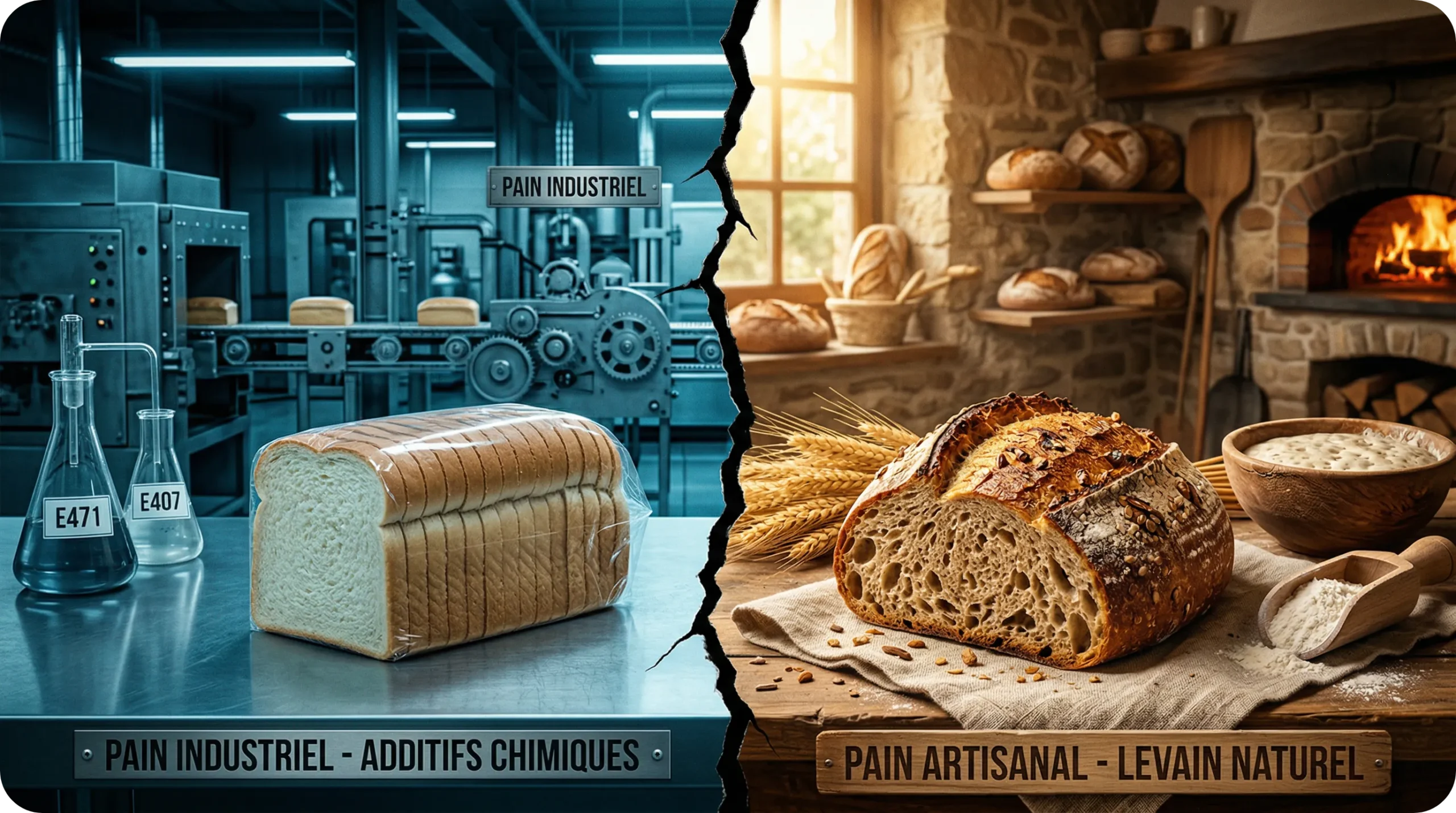 Comparaison entre un pain au levain naturel artisanal et un pain de mie industriel entouré d'additifs chimiques.