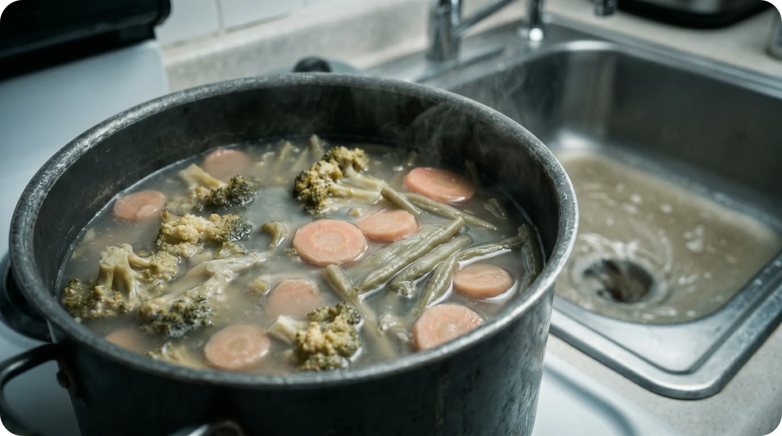 Légumes surcuits dans l'eau bouillante illustrant l'erreur du mode d'emploi cuisson idéale