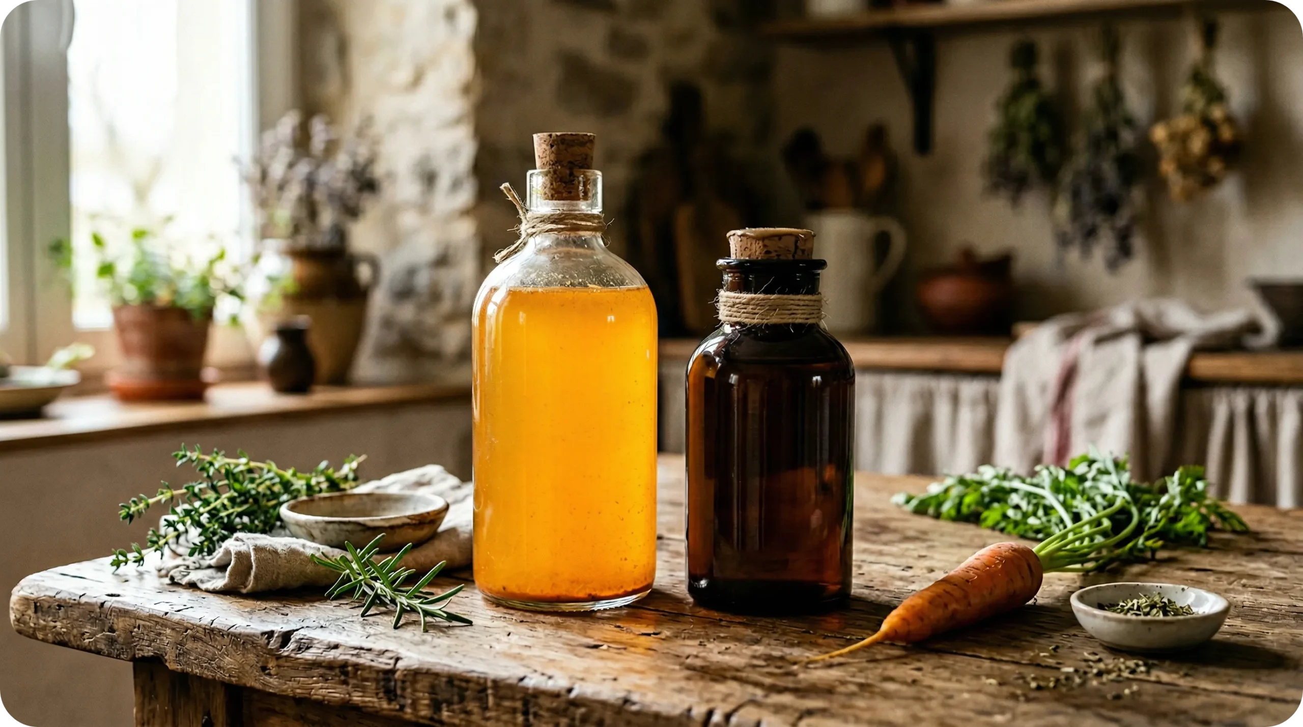Deux bouteilles en verre sur une table en bois, l'une transparente montrant une eau de cuisson dorée et l'autre ambrée pour protéger les vitamines de la lumière.