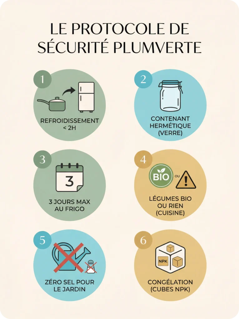 Infographie présentant les 6 règles du protocole Plumverte : refroidissement rapide, verre hermétique, 3 jours max, légumes bio, zéro sel et congélation.
