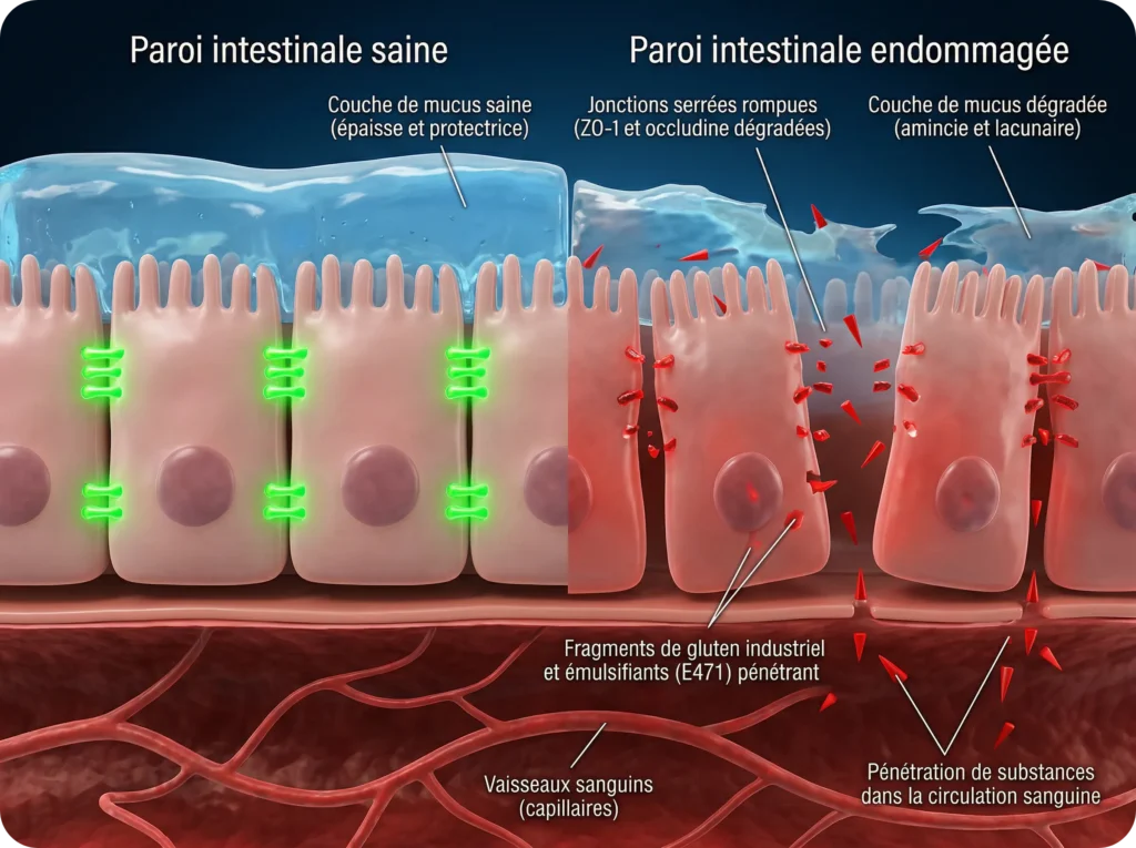 Schéma médical de l'hyperperméabilité intestinale montrant la dégradation des protéines ZO-1 et de l'occludine.