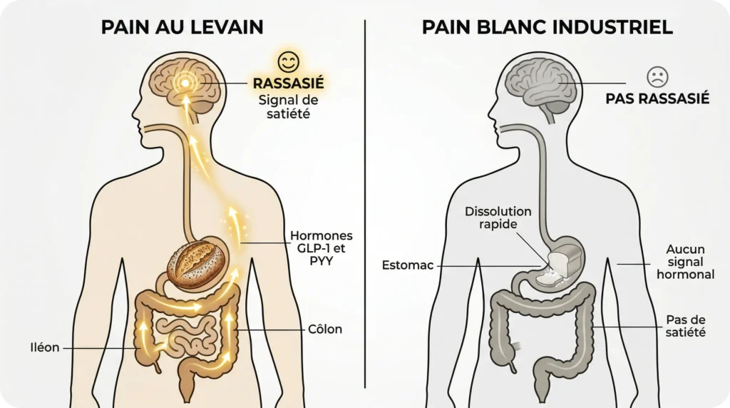 Activation des hormones de satiété GLP-1 et PYY par la digestion lente du pain au levain.