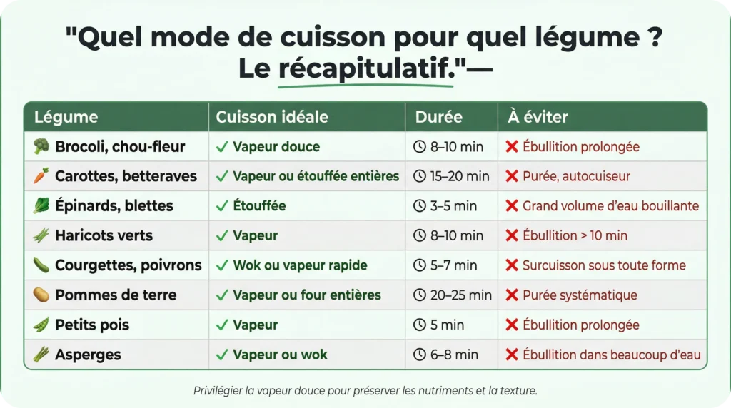 Tableau présentant un panel de légumes avec les modes de cuisson idéaux incluant la durée et aussi ce qu'il faut éviter.