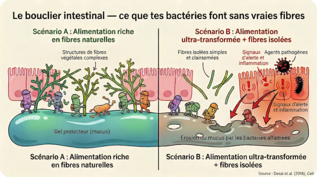 Schéma montrant la fermentation rapide et inflammatoire d'une fibre isolée versus la digestion lente d'une fibre en matrice végétale.