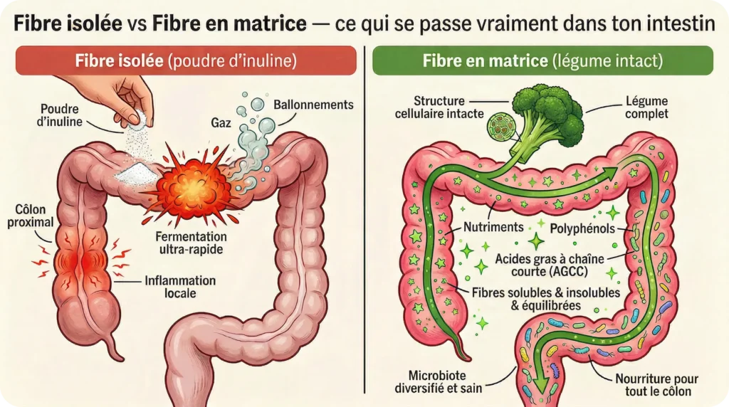 Illustration du microbiote intestinal dégradant la couche de mucus protectrice en l'absence de fibres alimentaires naturelles.