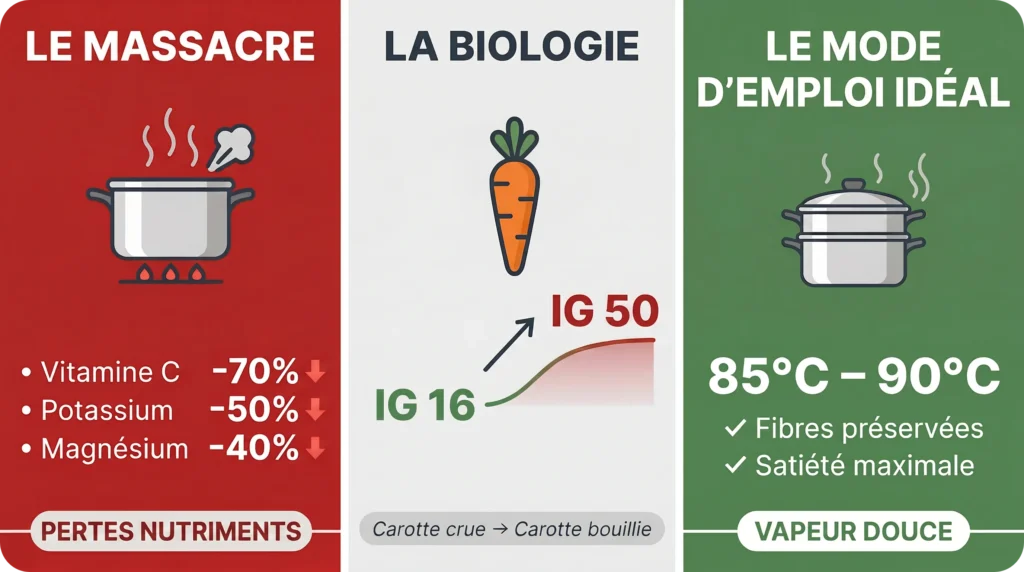 Infographie complète sur le mode d'emploi cuisson idéale des légumes vs le massacre à l'ébullition