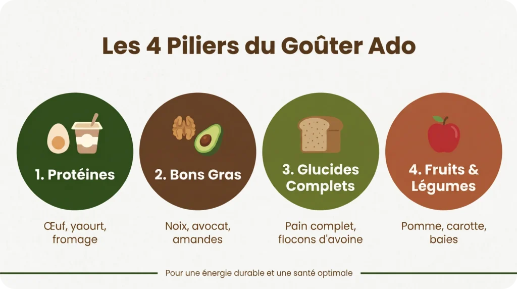 Infographie des 4 piliers d'un goûter ado : protéines, bons gras, glucides lents et fruits.